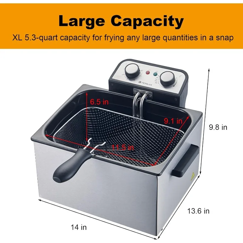 Electric Deep Fryer with Basket, Lid with Viewing Window and Odorless Filter, Adjustable Temperature, 5.3 Quart, Stainless Steel