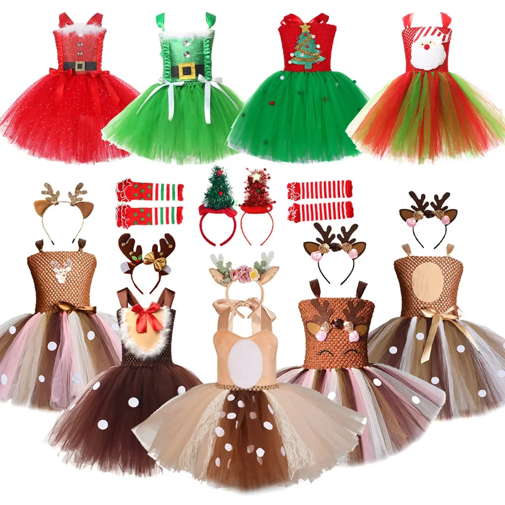 

Christmas Kids Tutu Dress Reindeer Santa Elf Costume Holiday Party Outfit with Headband 3-10Y Girls Xmas Festive Tulle Dresses