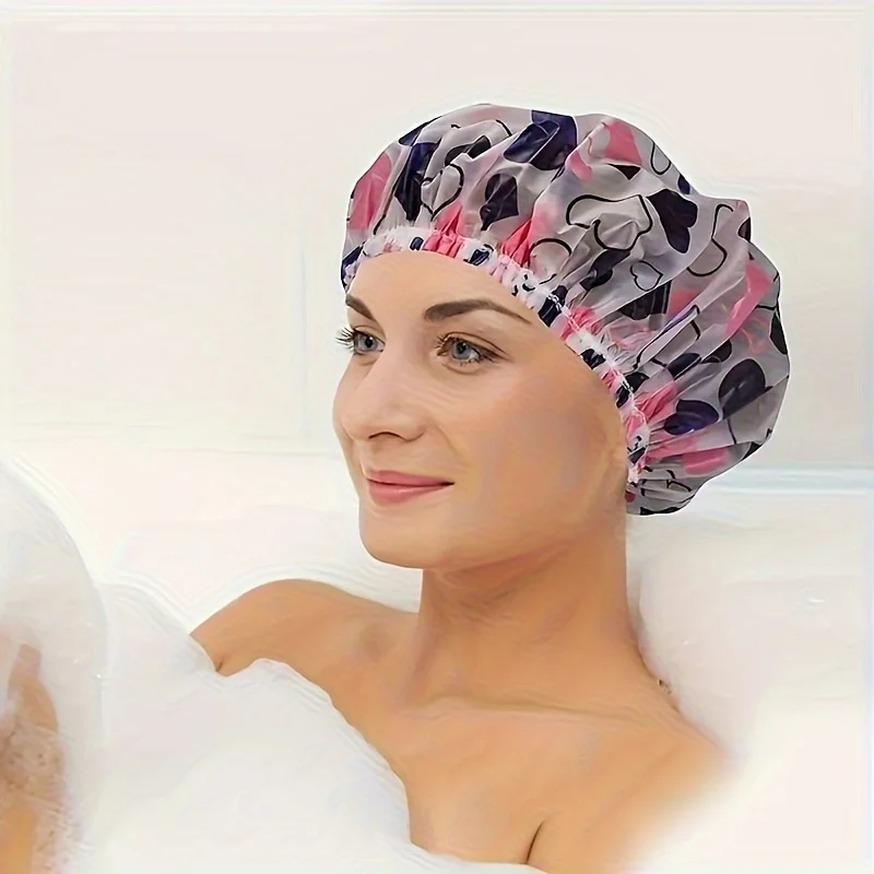 5er-Pack verstellbare elastische Duschhauben für Damen (zufällige Farben) – wiederverwendbare, hochwertige Haarhauben mit Blumen-, Herz- und Schneeflockenmuster – Detail 2