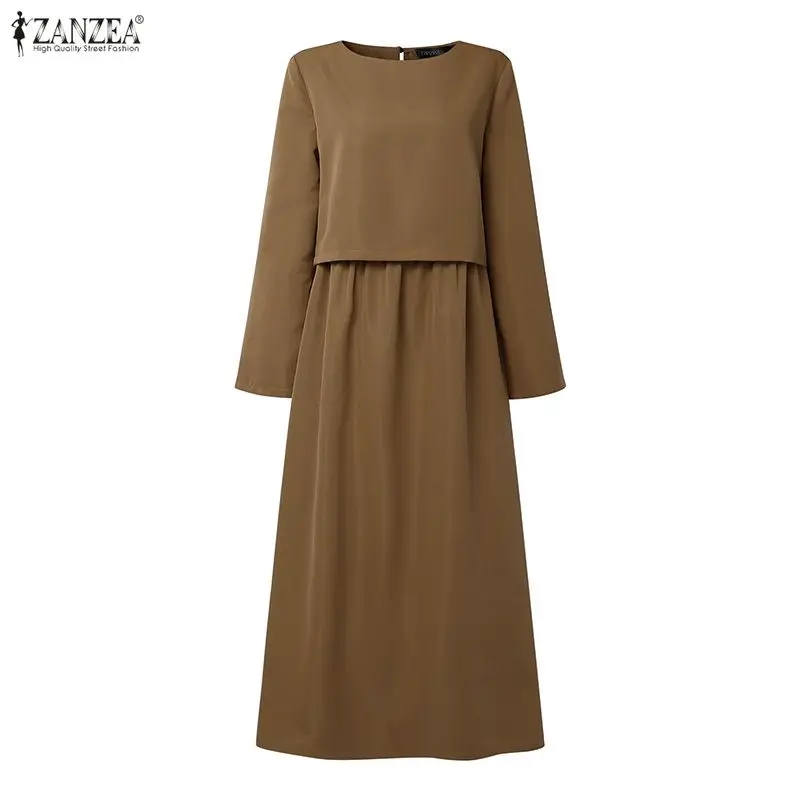 Feminino casual solto maxi vestidos elegante boatneck manga longa em camadas design cor sólida a linha vestido longo primavera férias robes