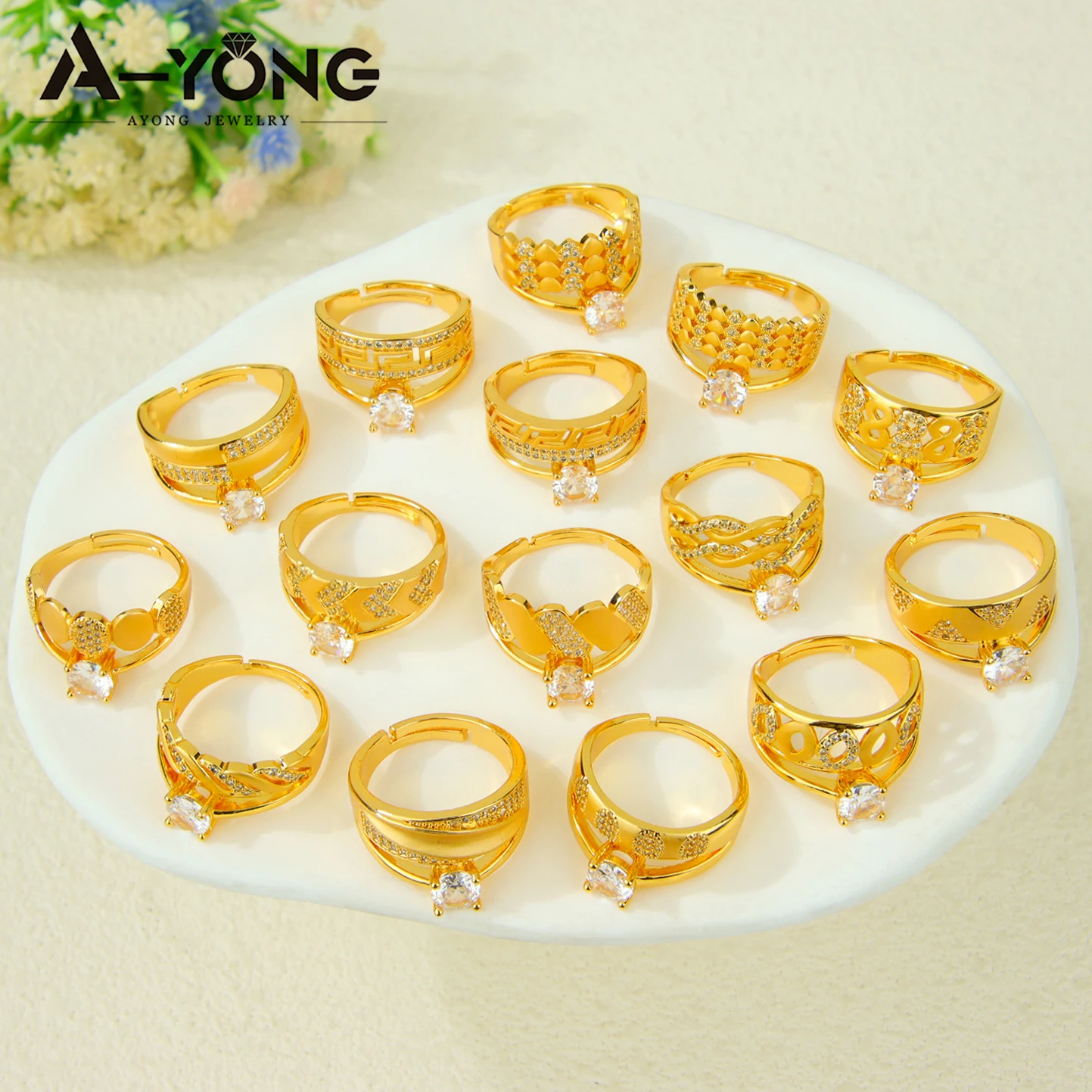 Dubai Mode Kubische Zirkonia Ringe 21k Vergoldet Arabische Braut Hochzeit Luxuriöse Paarringe Nigeria Damen Party Schmuck – Detail 3