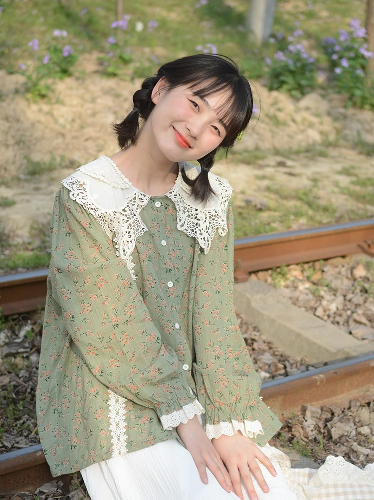 

Spring Loose Long Sve Doll Collar Floral Print Fre Sle Japanese Countryside Themed Women's Cotton irt Sweet Sle