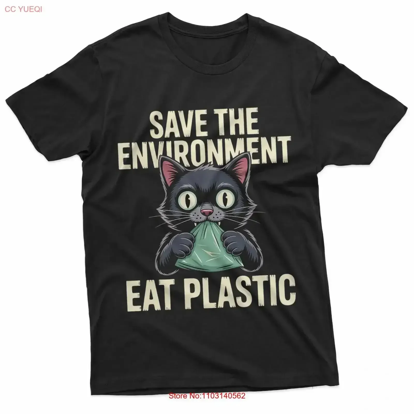 Save The Environment Eat Plastic Funny Black Cat Meme T Shirt vintage Washed Stretched Slightly graphic Top For Everyday Wear
