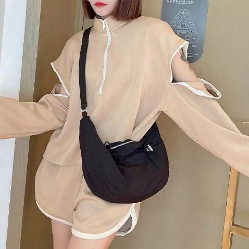 2023 Art Student Leisure Nylon Pleated Bag Crescent Dumpling Bag Solid Color Large Capacity One Shoulder Crossbody Bag For Women