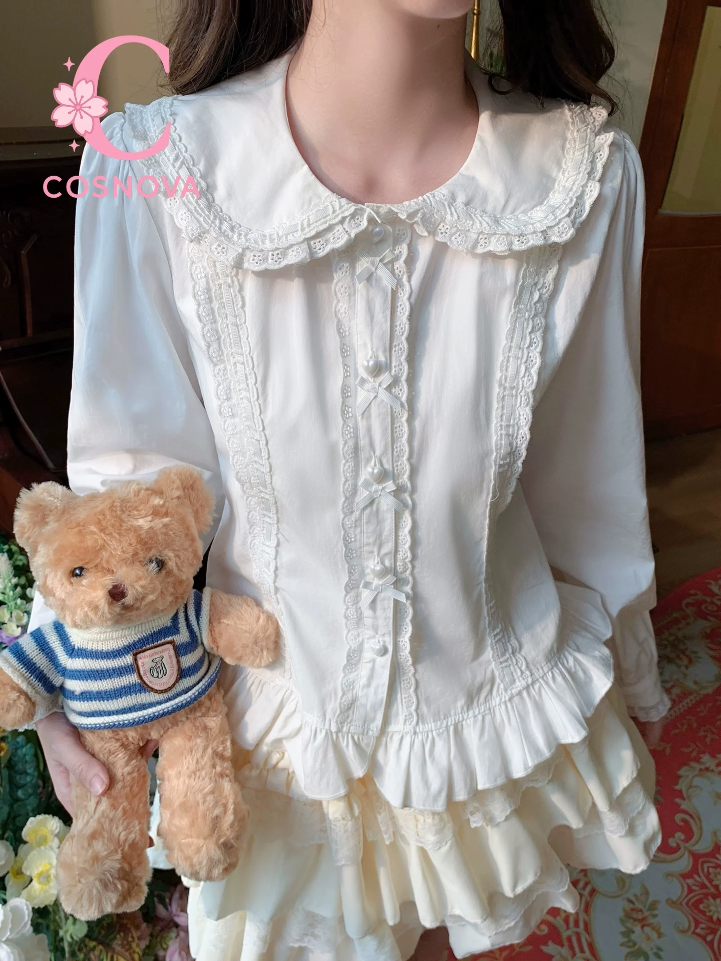 

Japanese Lolita Style Sweet Girls Long-sleeved Tops Women Gothic Lace Bow Shirts Elegant Blouse Korean Doll Collar Slim Tees Y2K