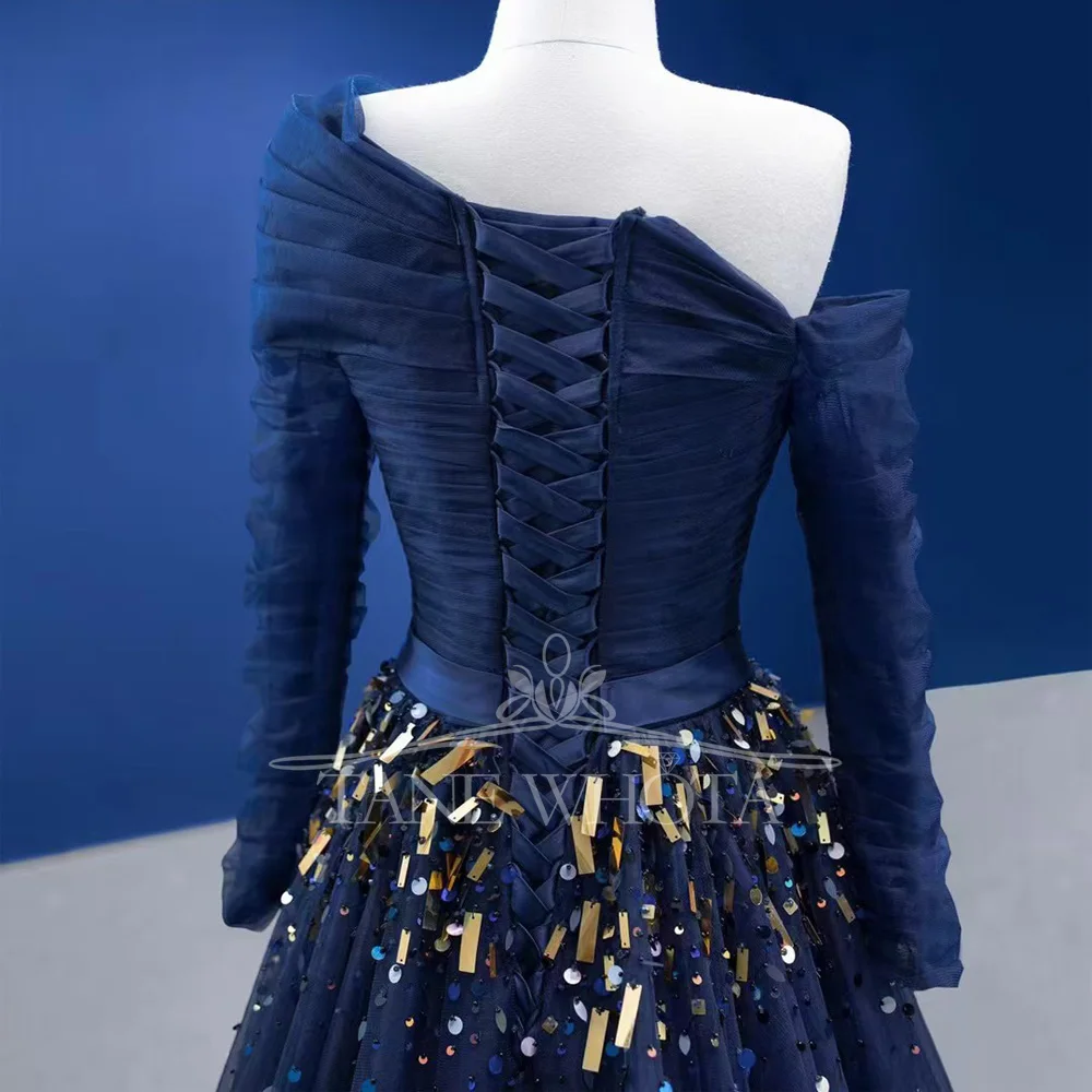 Strapless Long Sleeve Evening Party Dress Sequined Lace-Up Back A-Line Prom Dress Customized