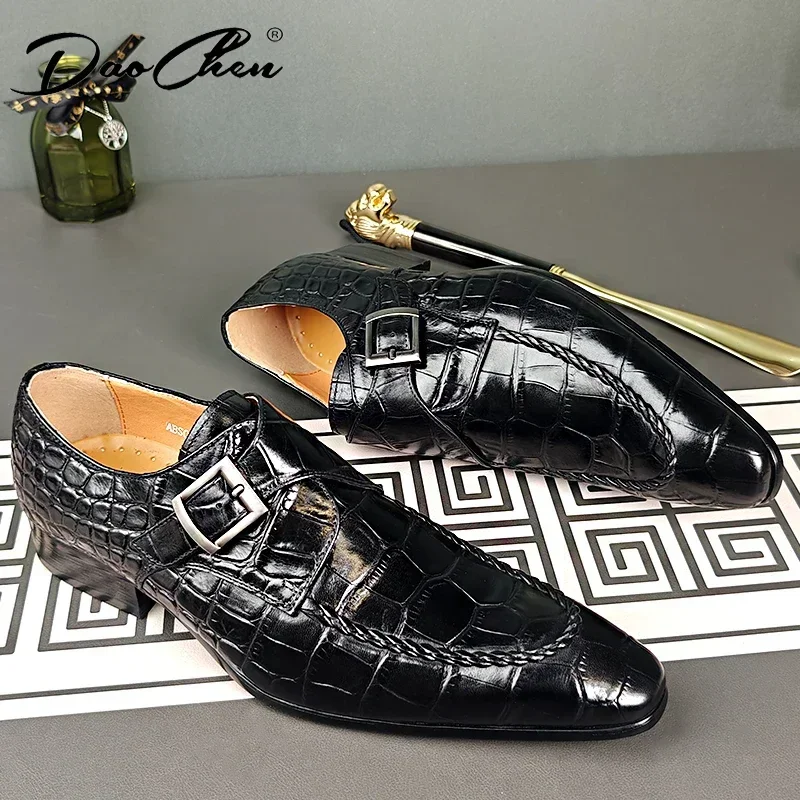 Luxury Men Shoes Slip-On Black Crocodile Print Woven Pattern Loafers Mens Dress Shoes Wedding Office Leather Shoes Men