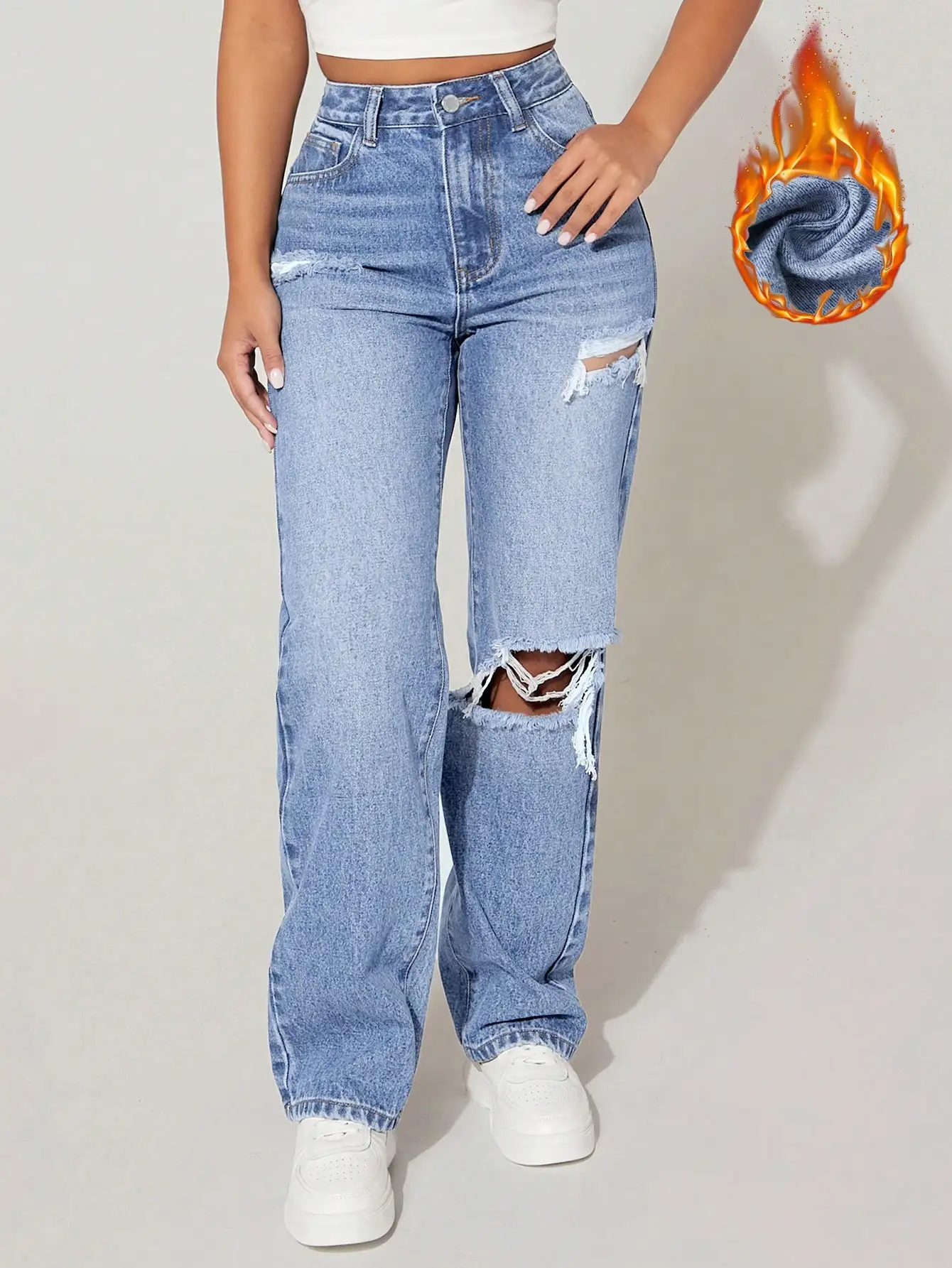 

Женские джинсы с высокой талией, рваные, прямого кроя, термо, синие — из начёсанной ткани, в повседневном уличном стиле