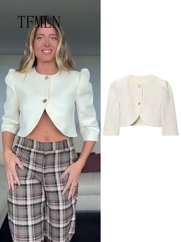 

Модные женские пиджаки с пышными рукавами, куртки 2026, весенние шикарные повседневные однобортные укороченные пальто, элегантная офисная женская верхняя одежда