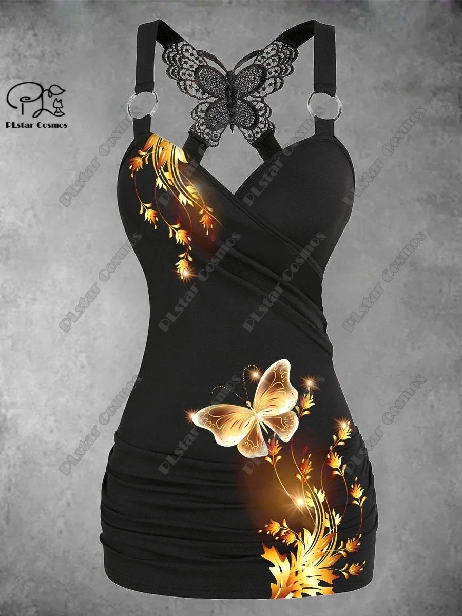 PLstar Cosmos Women's New 3D Printed Colorful Butterfly Art Flying Pattern Butterfly Lace Trim Pleated Black White Tank Top