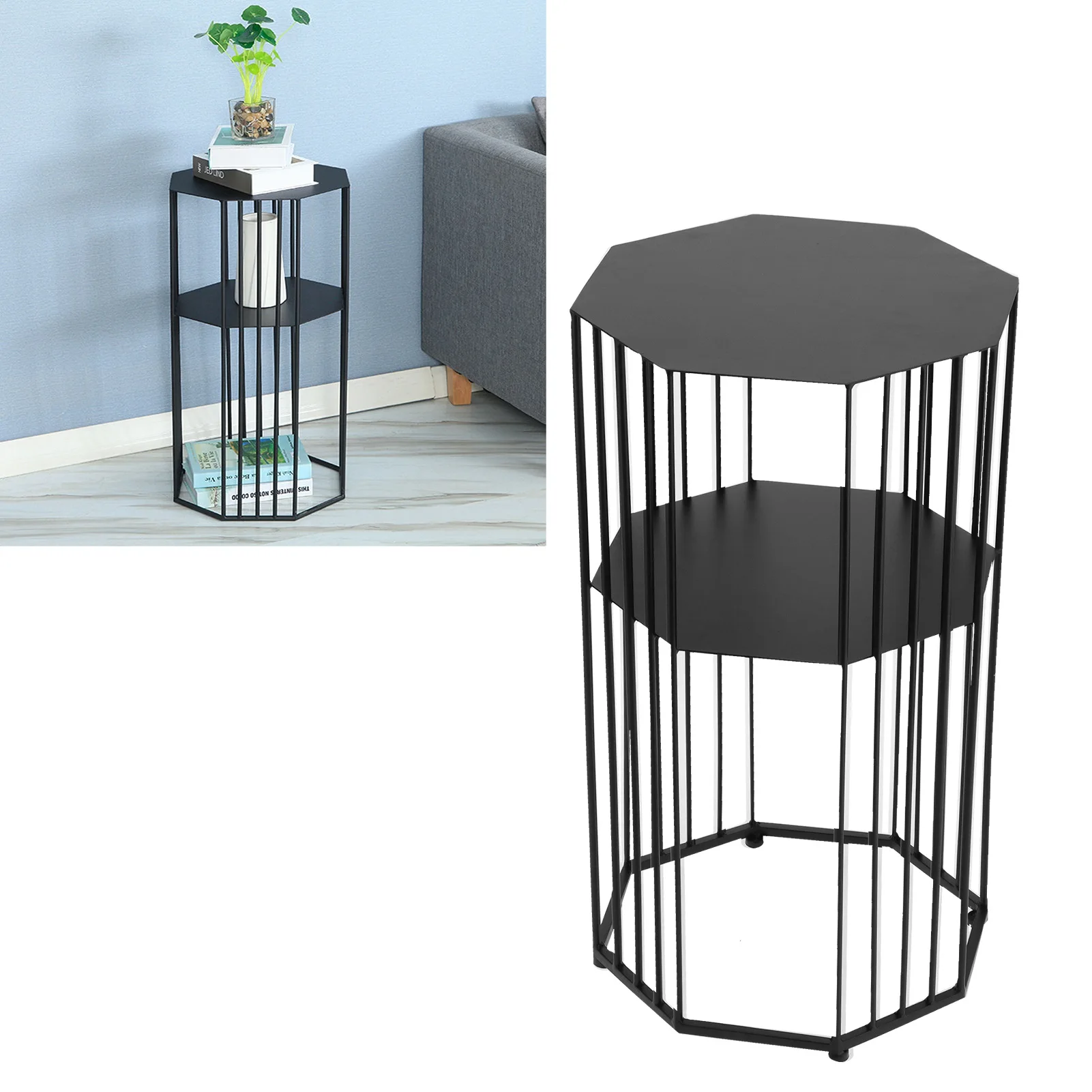 2‑Layer Wrought Iron Side Table End Sofa Table Storage Shelf for Living Room Black Side,Table§End,Table§Sofa,Table§Home,Table