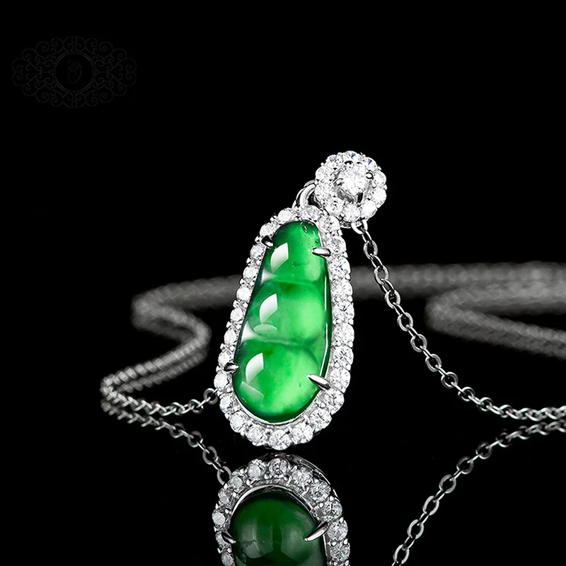 

Lucky Fortune Bean Jade Pendant, Dazzling Zircon & Silver Setting, Meaningful Gift of Prosperity & Elegance