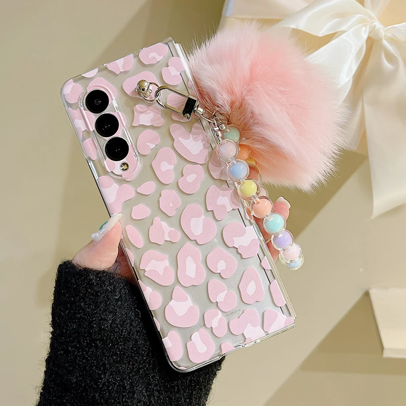 Cute Cartoon Leopard Print Clear PC Phone Case For Samsung Galaxy Z Fold 6 5 4 3 5G Pink Plush Ball Colorful Bead Bracelet Cover