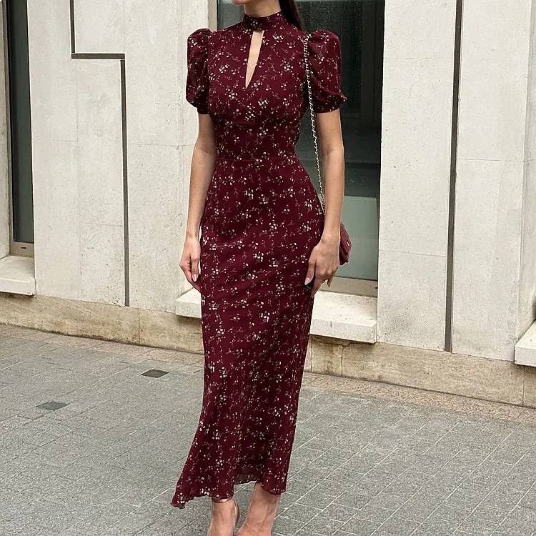 Floral Dress Women Elegant Hollow Out Stand Collar Bubble Sleeve High Waist Bodycon Long Dresses for Spring Summer