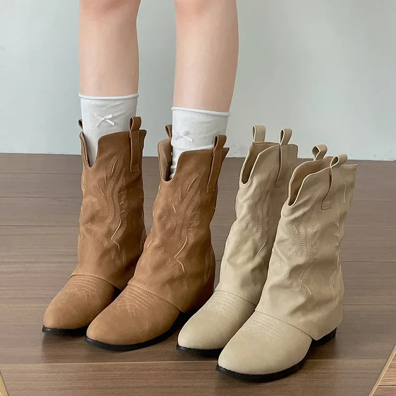 

2025 винтажные осенние женские ковбойские сапоги в стиле вестерн на толстом каблуке, модные женские короткие ботильоны без шнуровки с вышивкой