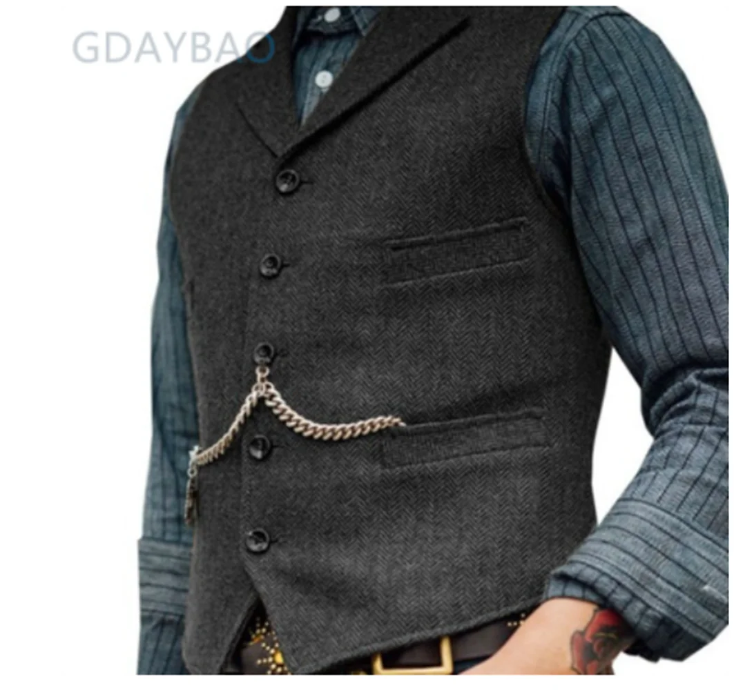 Men\'s Suit Vest Brown Wedding Wool Tweed Business Waistcoat Jacket Casual Slim Fit Gilet Homme Vests For Groosmen Man Wedding