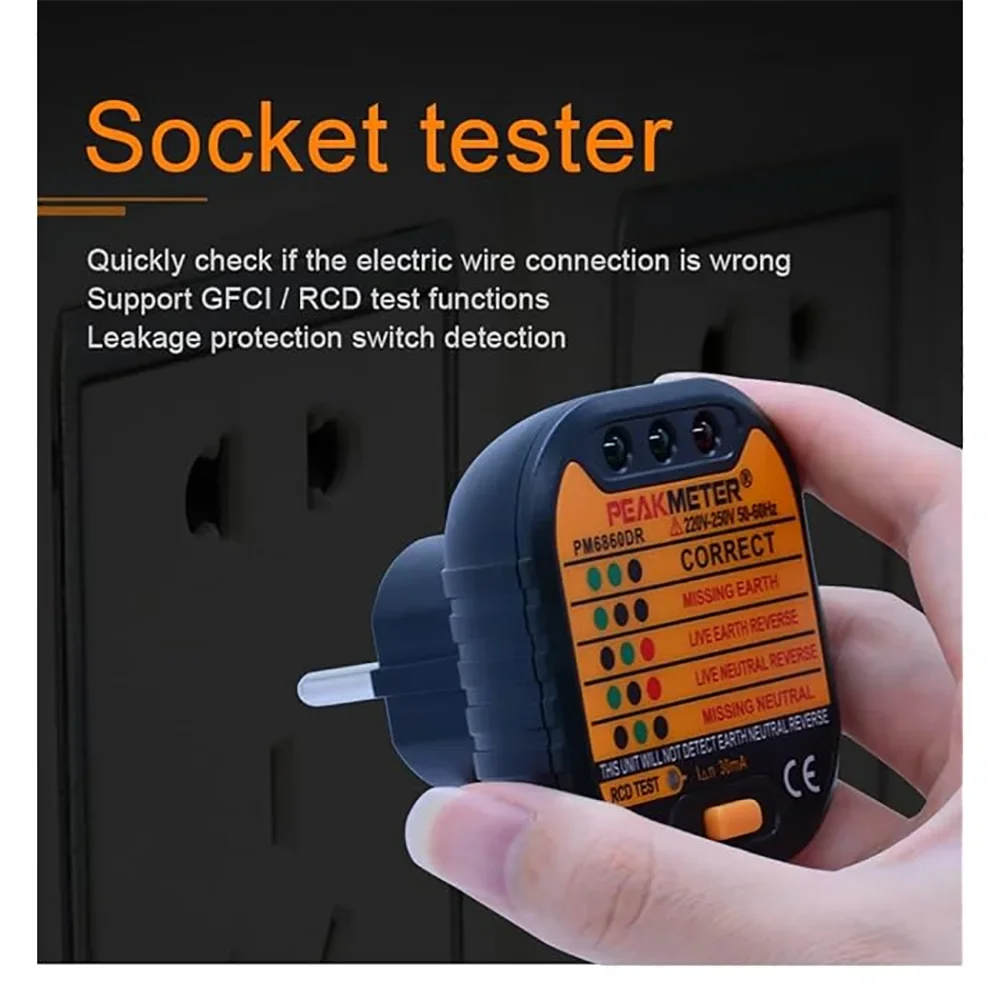 PEAKMETER-gniazdo Tester 6860DR 220-250V automatyczny tester gniazd narzędzie diagnostyczne neutralny test linii uziemienia na żywo Test RCD