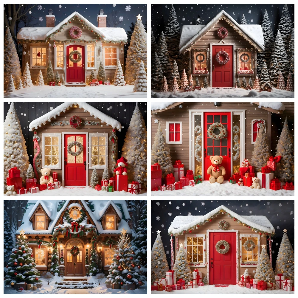 Kersthout Huis Fotografie Achtergrond Winter Sneeuwvlok Kerstboom Geschenken Dragen Rustieke Deur Baby Portret Achtergrond Fotocabine