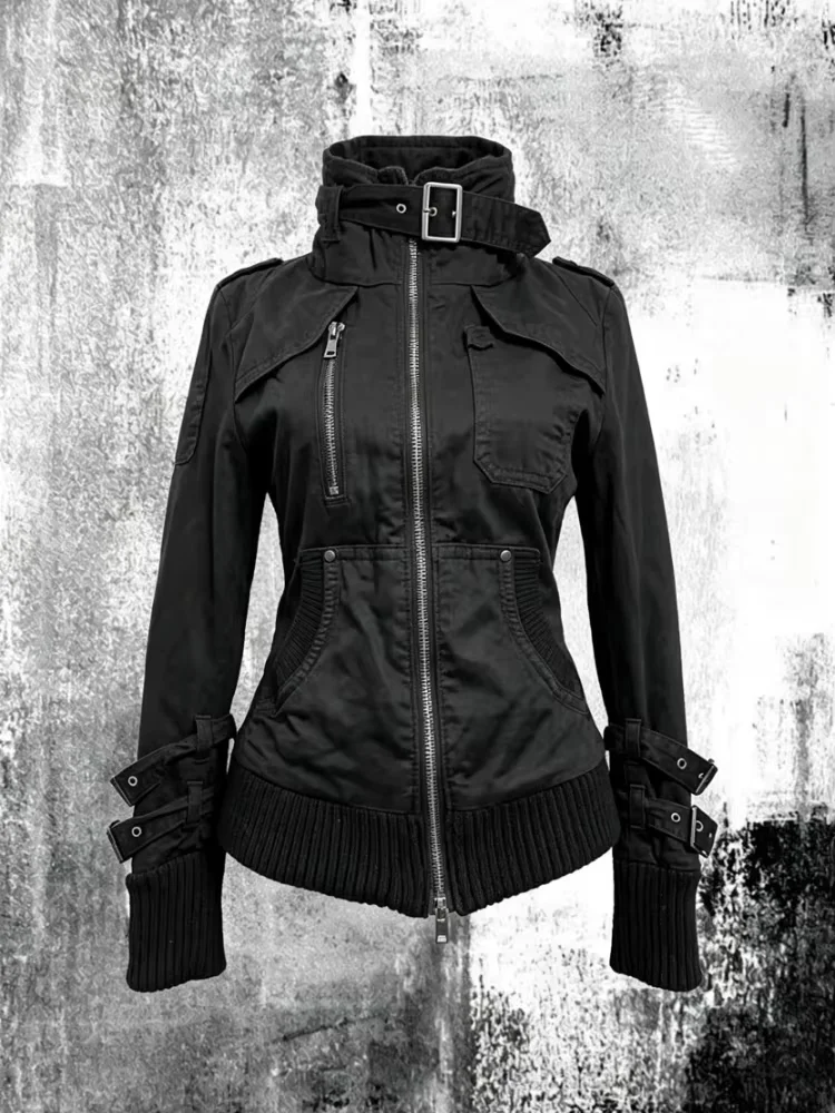 2026 Women Vintage Black Hooded Zipper Jacket Y2k Grunge Punk Streetwear Stand Collar Casual Safari Overcoat Sweatshirt