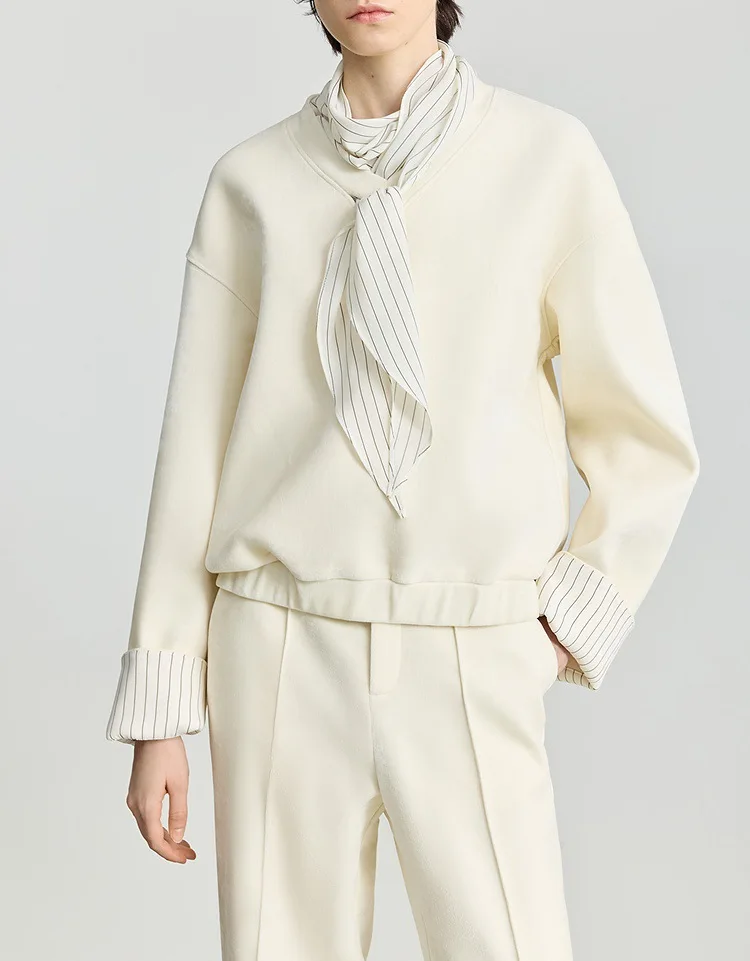 ชุดเซ็ท 2 ชิ้น เสื้อแจ็คเก็ตขนนุ่มพิเศษ แขนยาวทรงบาน ลายทาง สำหรับฤดูหนาว สไตล์ลำลอง พร้อมเสื้อสเวตเชิ้ตแขนยาวทรงหลวม+กางเกงขายาวทรงตรง