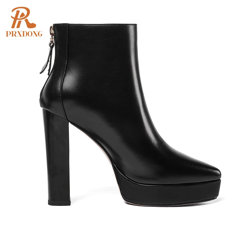 PRXDONG Brand Women\'s Ankle Boots Chunky High Heels Platform Black Beige Autumn WInter Warm Shoes Genuine Leather Office Shoes