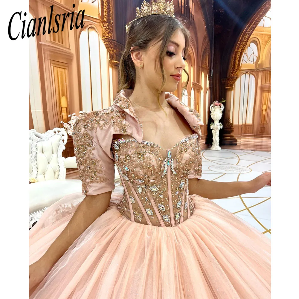 Luxury Blush Pink Quinceanera Dresses With Wrap Sparkly Beaded Sequins Corset Puffy Skirt Princess Debutante Dress for 15 years