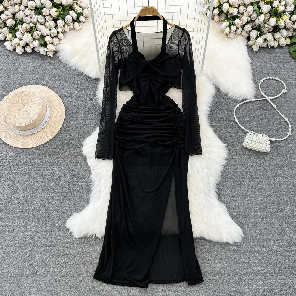 Sexy Women Black Mesh 2 Pieces Set Fashion Halter Neck Sleeveless Backless Ruched High Split Bodycon Dress And Crop Top Suits