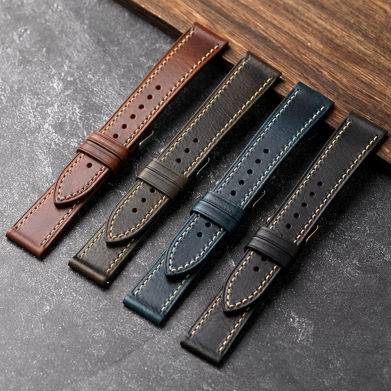 Handmade First Layer Cowhide Leather Watchband 18 19 20 22 24MM Glossy Oil Wax Leather Blue Brown Men Watch Bracelet Vintage