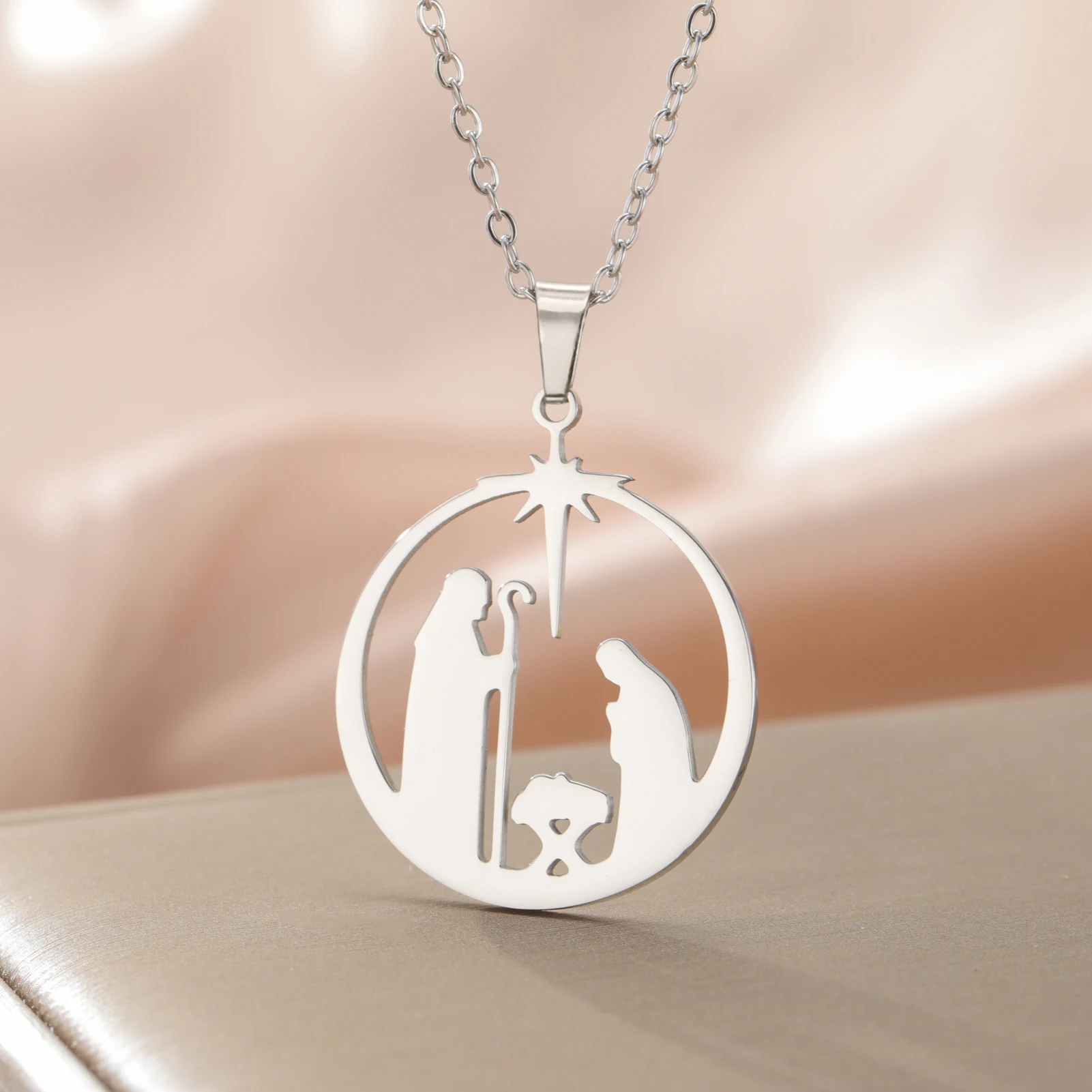 Unift Angel Star Holy Night Jesus Christ Prayer Necklace Family Nativity Christmas Neck Chain Stainless Steel Women Jewelry Gift