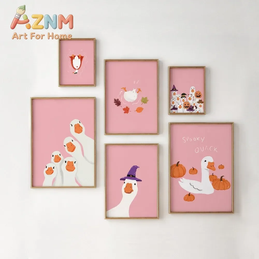 Frameless,Pink Goose Halloween Art Prints,Retro Danish Pastel Decor,Digital Download,Halloween Gifts,Living Room Wall Art Decor