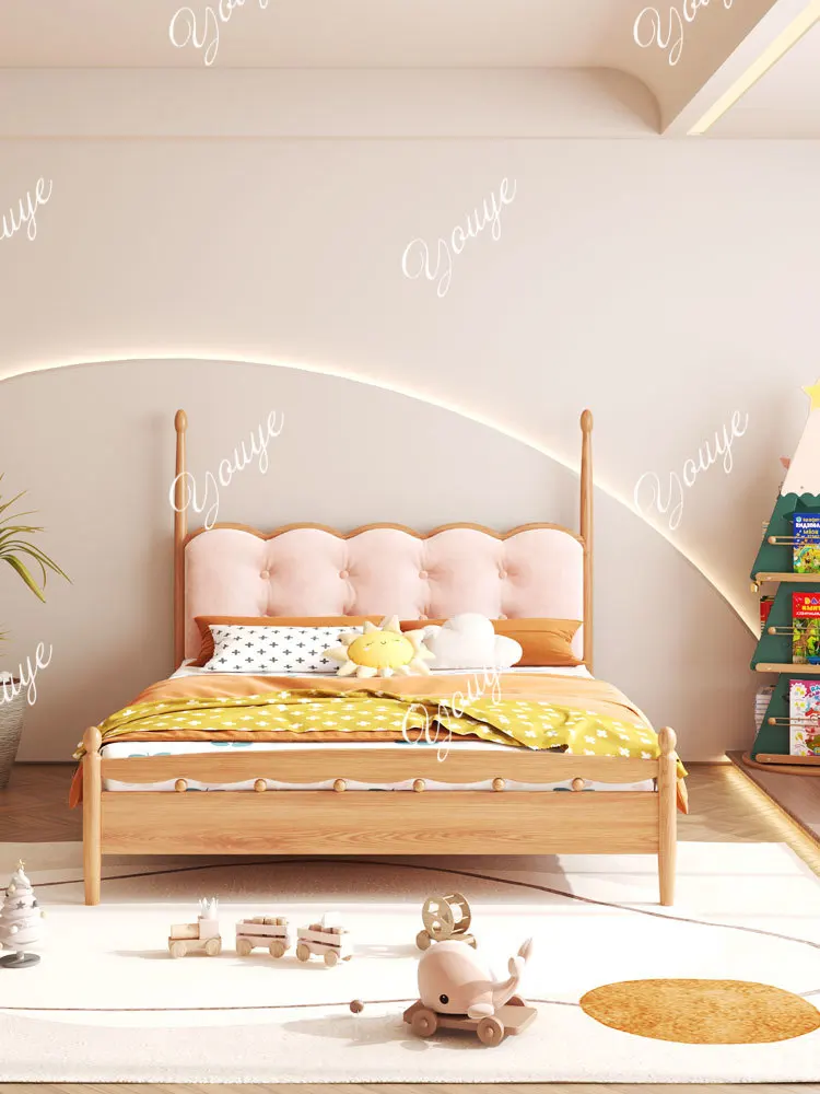 Biscuit bed Red oak solid wood children's bed Nordic velvet fabric soft bag children's bed Teen bedroom