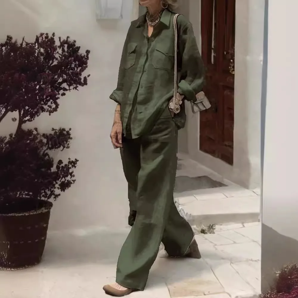 

Fashion Loose Cotton Linen Trousers Green Sets Women's 2025 Spring Autumn Lapel Shirt Solid Pocket Wide Leg Pants Two Piece Sets