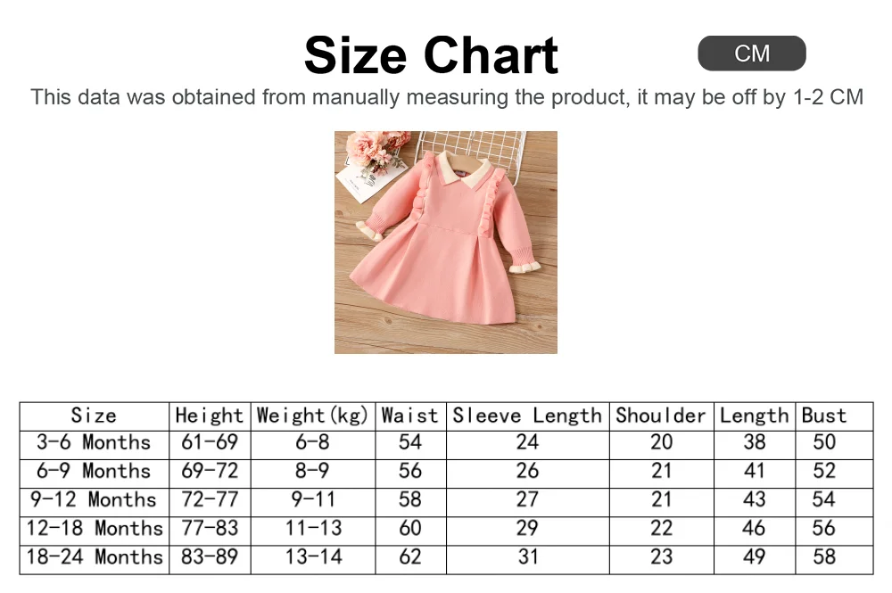 PatPat Sweet Ruffle Edge Baby Girl Dress Set, 1pc, Medium Thickness, Solid Color, Long Sleeve Soft and Comfortable