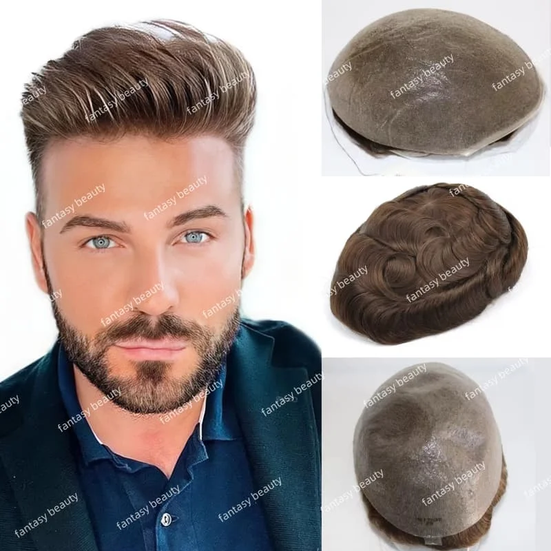رقيقة الجلد 0.02mm بو الرجال الشعر المستعار # 610 # 620 بني كستنائي مع رمادي # 4 # 7 وحدات نظام الشعر البشري البني الفاتح للرجال