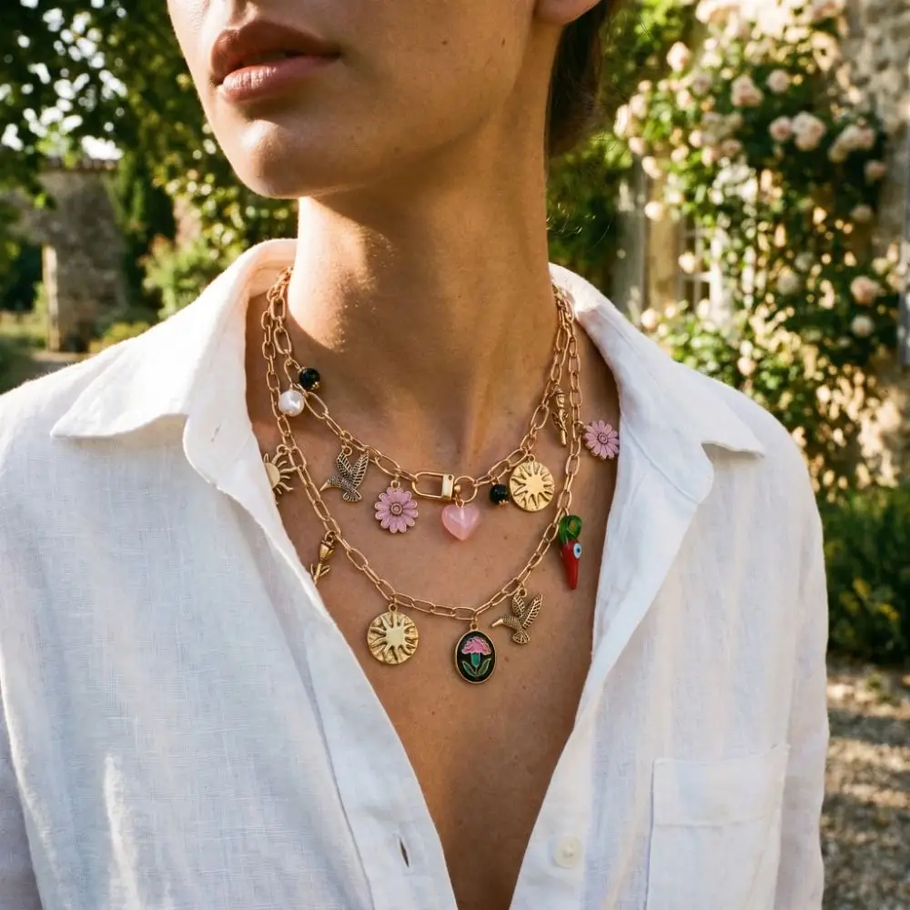 Metal Chain Enamel Necklace Flying Bird Multilayer Stacked Flower Pendant Necklace Heart Exaggerated Multi Layer Choker Gift