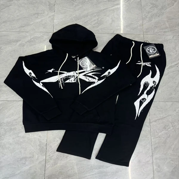 

HEII Hell Star Sketch Godd Print Hooded Loopba Sweatirt Men Women Straight Leg Pants Set Long Sve Autumn Youth Kit