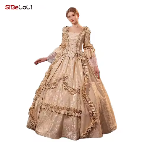 Customizable Deluxe European Medieval Victorian Dress Women Queen Cosplay Costume Vintage Champag Trailing Evening Dress