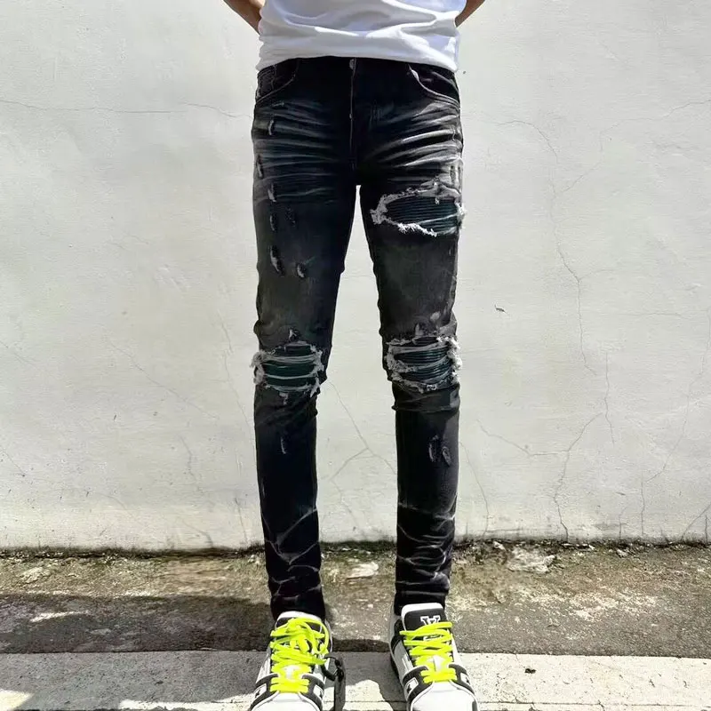 

High Street Fashionable Men's Jeans Retro Elastic Slimming Ripple Jeans Men's Green Patch Designer Hip Hop Brand Black Grey Pant