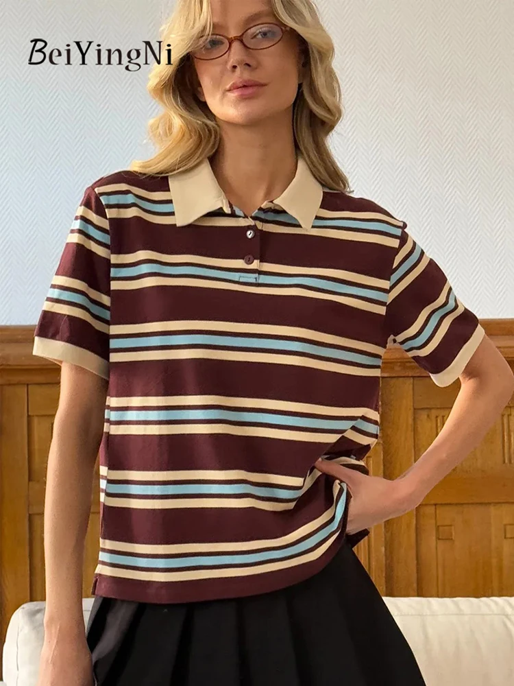 

Beiyingni Female Striped Short Sleeve T Shirt 2025 Summer Fashion Harajuku Y2K Tops for Women Vintage Turn Down Collar Chic Tees