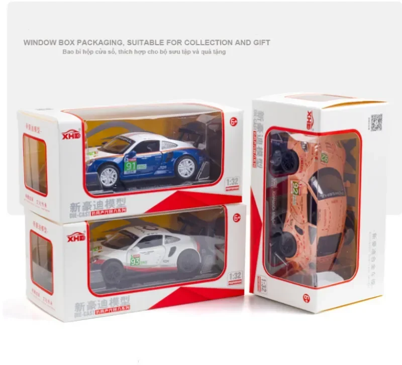 Porsche 911 RSR-Coche de aleación con sonido y luz para niños, escala 1:32, Colección extraíble, vehículos fundidos a presión, juguetes de coche