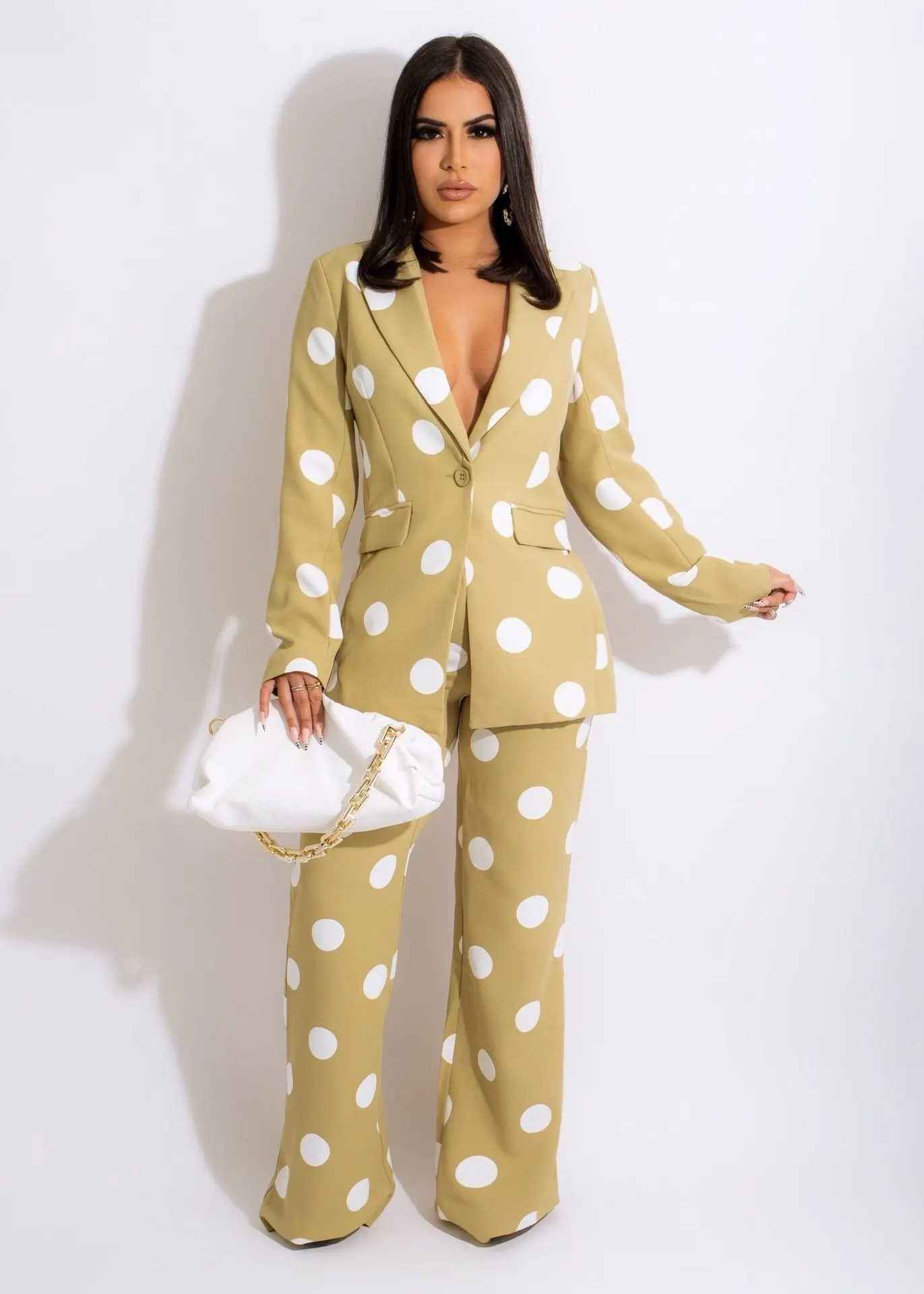 Elegant Office Lady Suit Fashion Lapel One Button Polka Dot Print Blazer Two Piece Straight Trousers Two Piece Set Autumn New