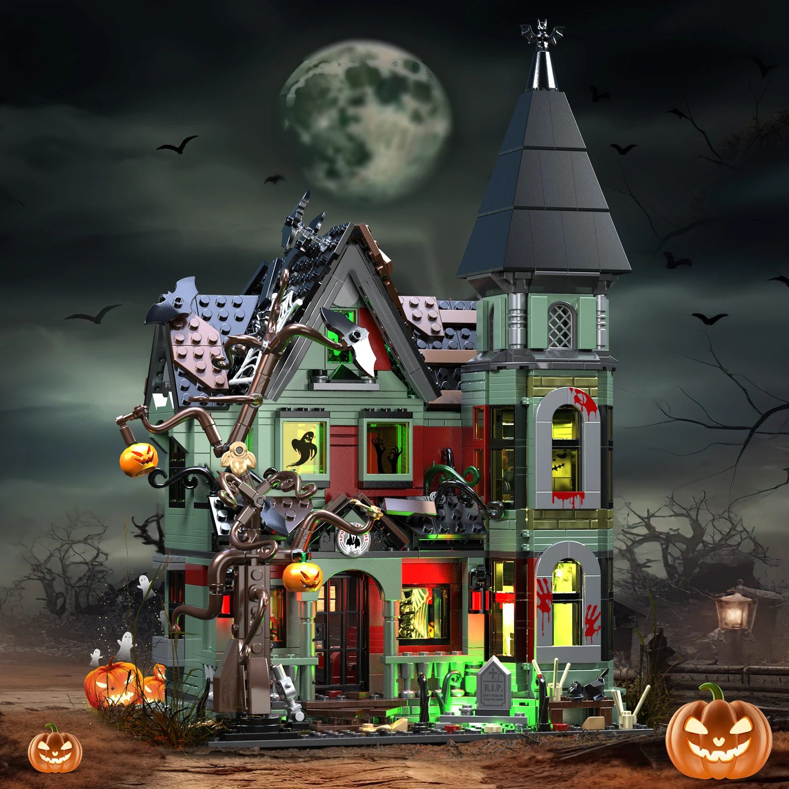 2024 NEW Haunted House Building Block Set Ideas Halloween Holiday Architecture Style Model Toys with Lighting Kit Christmas Gifs