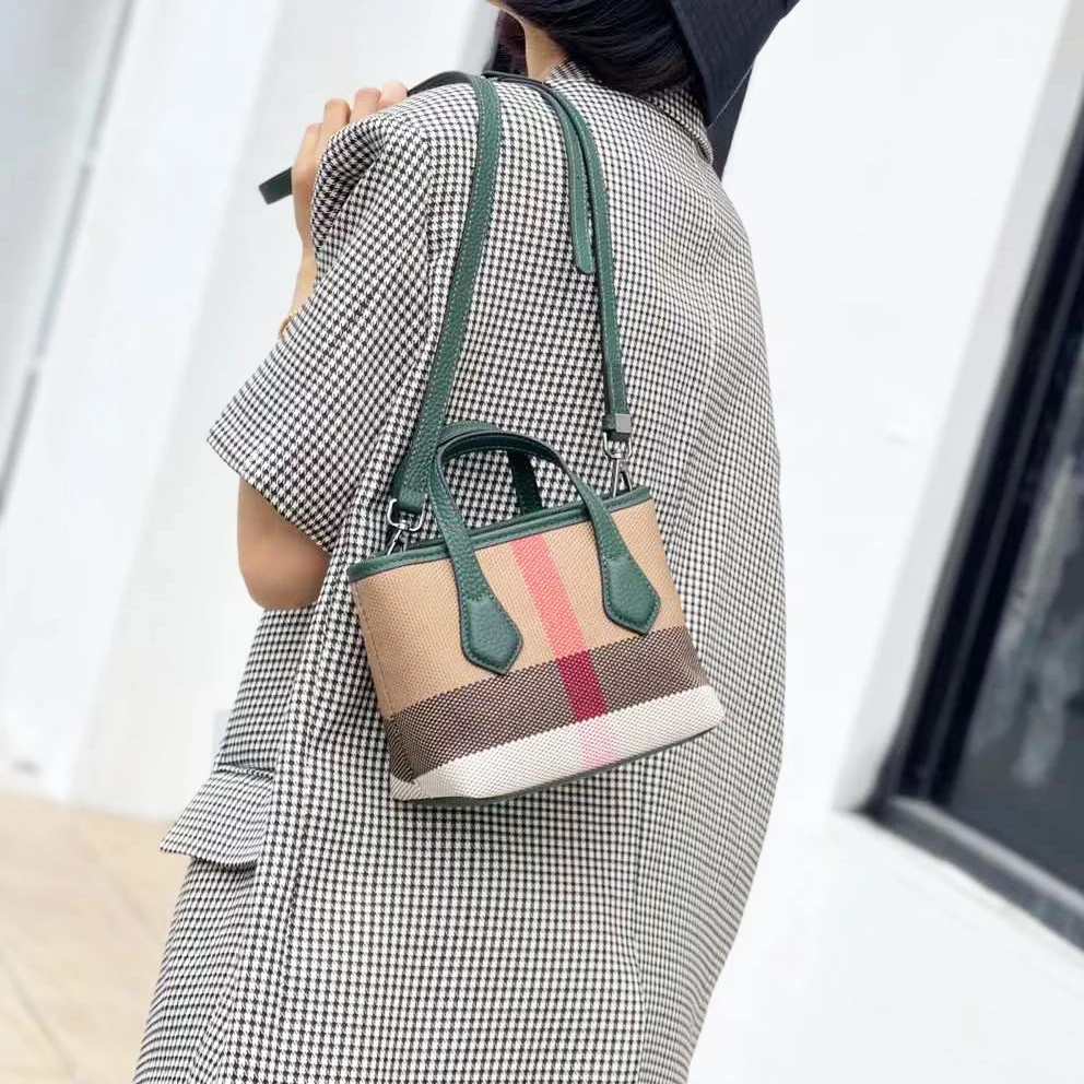 Luxury Small Women‘S Bag Plaid Stripes Canvas Genuine Leather Female Tote Purse Retro Versatile Top Handle Lady Bucket Handbags