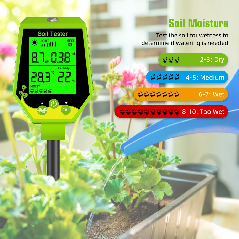 Yieryi Kit tester digitale per l\'umidità del suolo PH/EC/umidità/luce solare/fertilità/temperatura Misuratore PH 6 in 1 per giardinaggio di piante