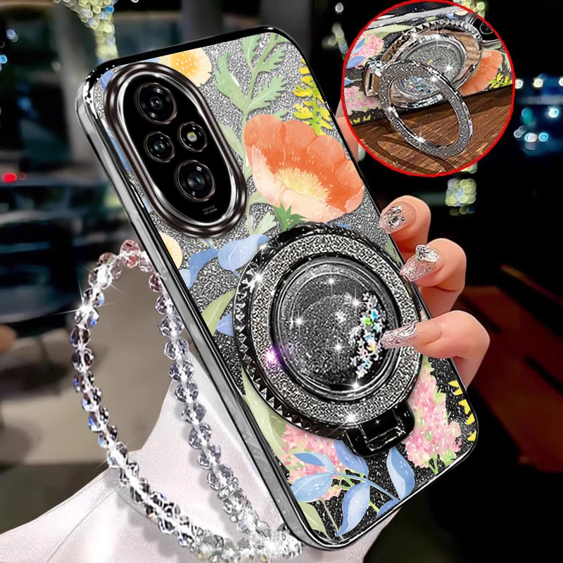 

200 Strange flowers Plating Bracelet Holder Phone Case For Honor 200 200Pro 200Lite 300Ultra 90 100Pro 300 100 60Pro 50SE Cover