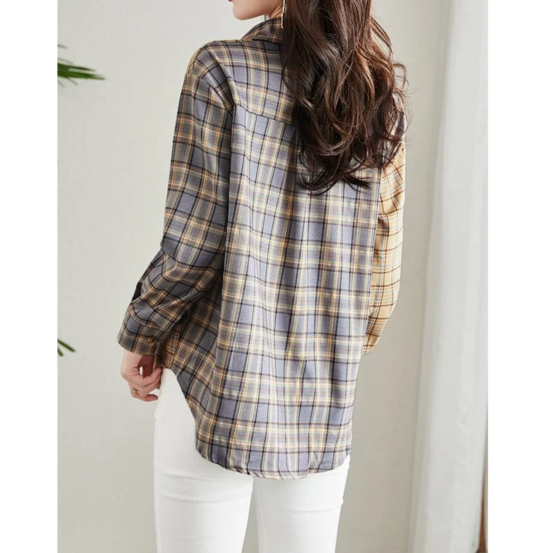 Plaid Printing Blouse Female Spring and Autumn 2023 New Turn-down Collar Patchwork Pockets Long Sleeve Single Breasted Shirt