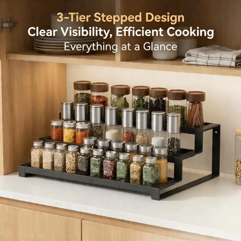 Retractable Spice Rack Three Layer Condiment Organizer Retractable 3-tier Spice Rack Organizer Heavy Duty Carbon for Kitchen