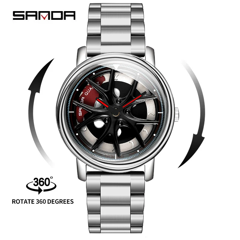 

SANDA P1025 Rotation Rim Hub Sports Car Watch Men's Waterproof Stainless Steel Wheel Quartz Wristwatch Men with Luminous Hands