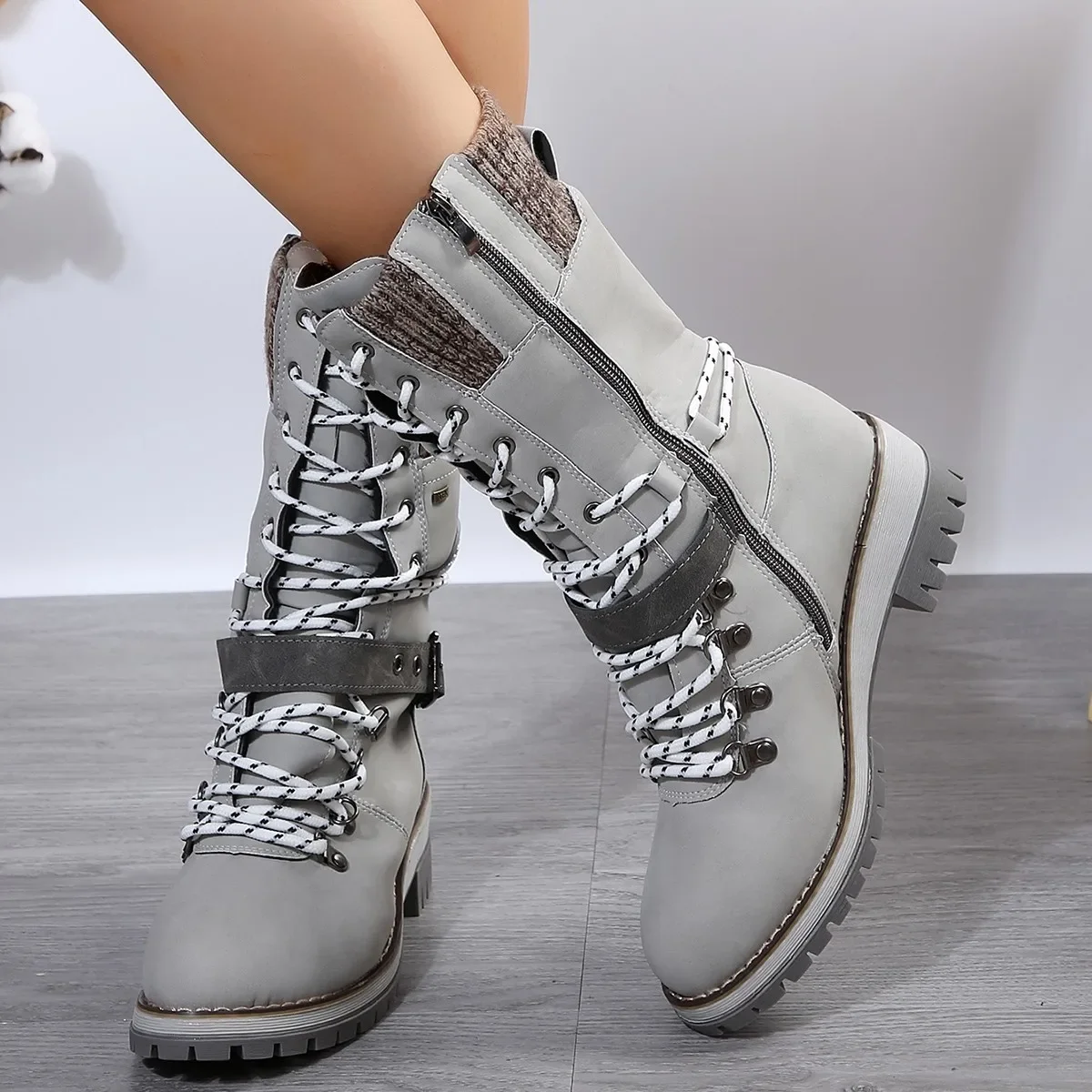 Women Shoes High-quality Winter New Warm Boots Women Side-pull Lace-up Knitted Mid-tube Boots Outdoor Low-heeled Round-toe Boots