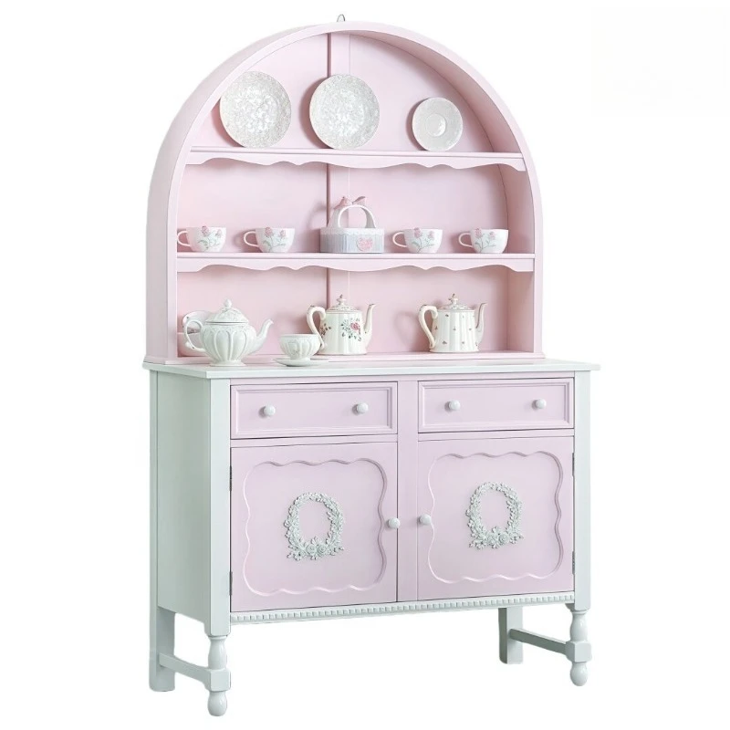 Light French Solid Wood Entryway Cabinet Dopamine Color Tall Wall Sideboard Display Storage Furniture